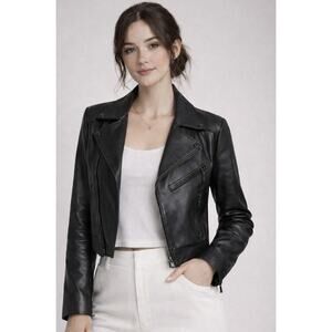 Halogen Cropped Genuine Leather Moto Jacket Black Size S Minimalist Biker